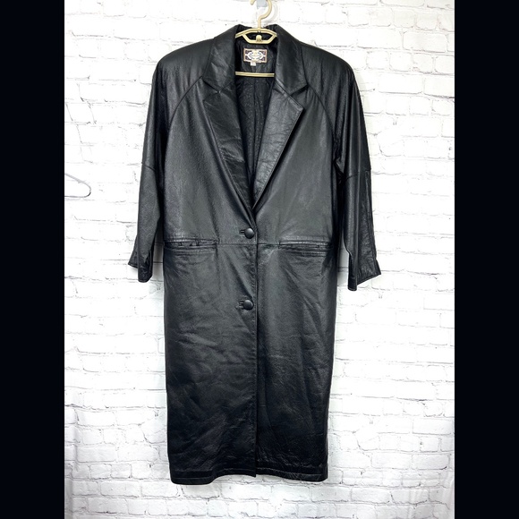 VINTAGE |•PARIS SPORT CLUB•| Long Black Leather Jacket/Coat Duster Size XL - Picture 3 of 16